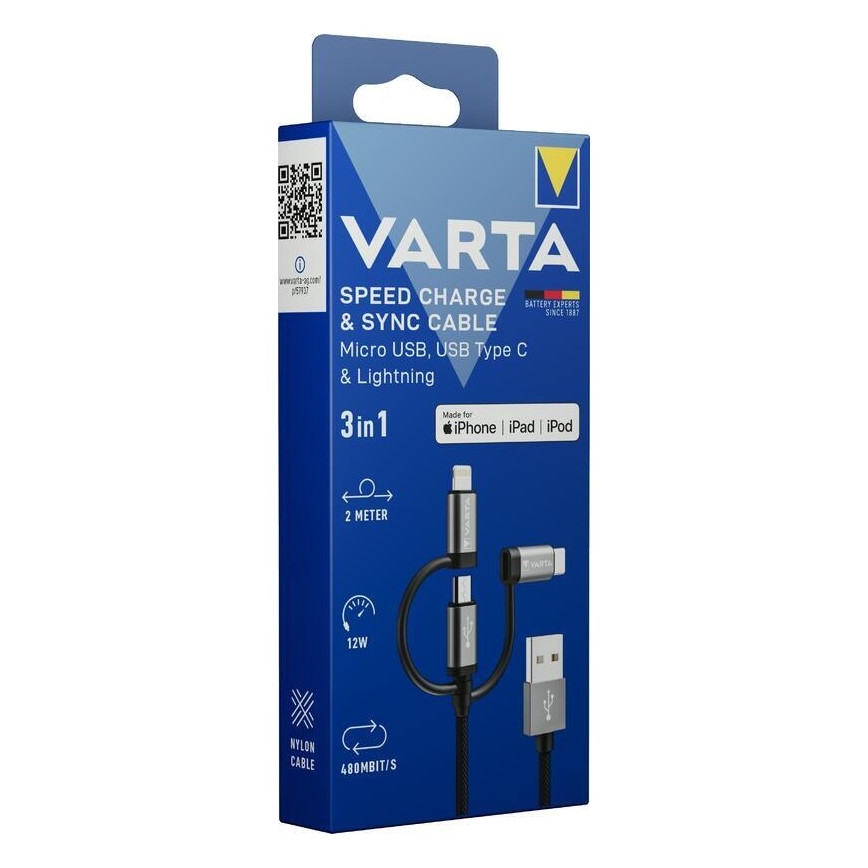 Varta 57937101111 - USB kábel 3v1 s konektorem Lightning a Micro USB 2m